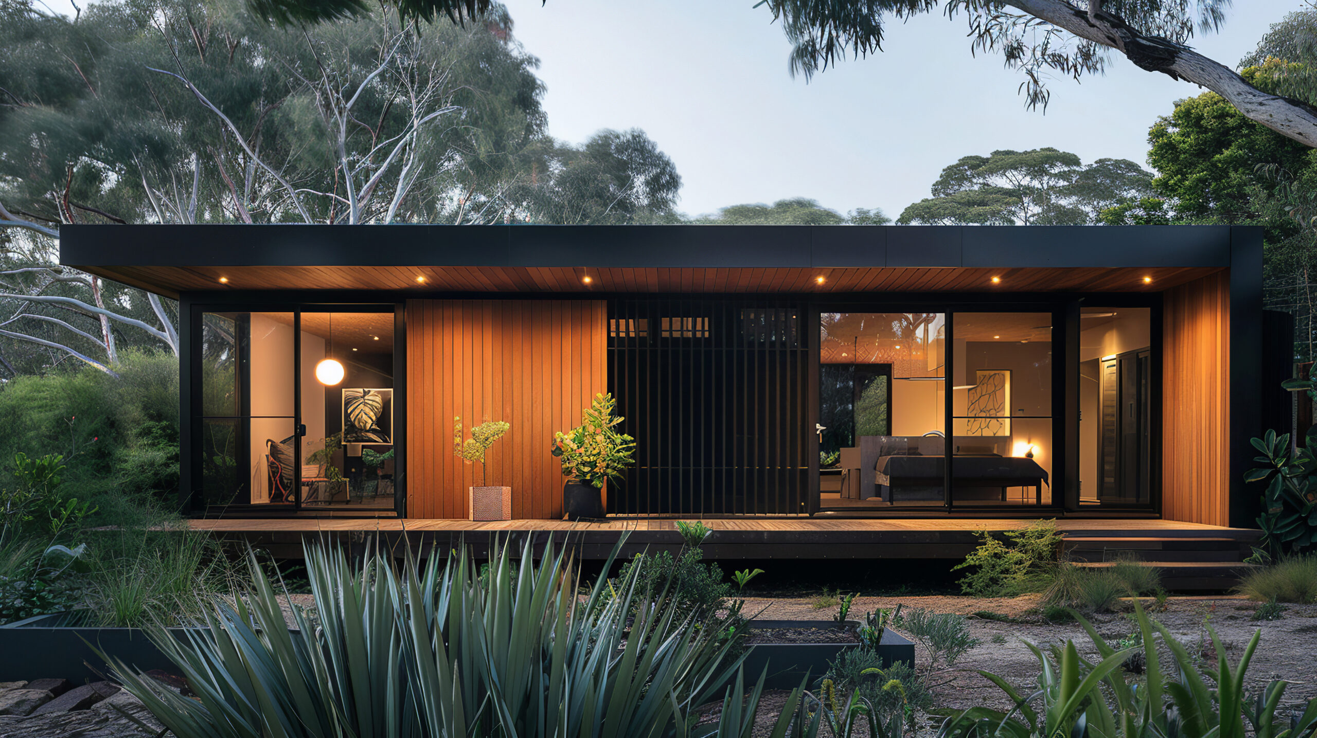 award-winning rectangular one-bedroom studio home, minimalist style, contemporary architecture, natural color palette, vertical timber cladding on facade, black metal door and window frames, Australia