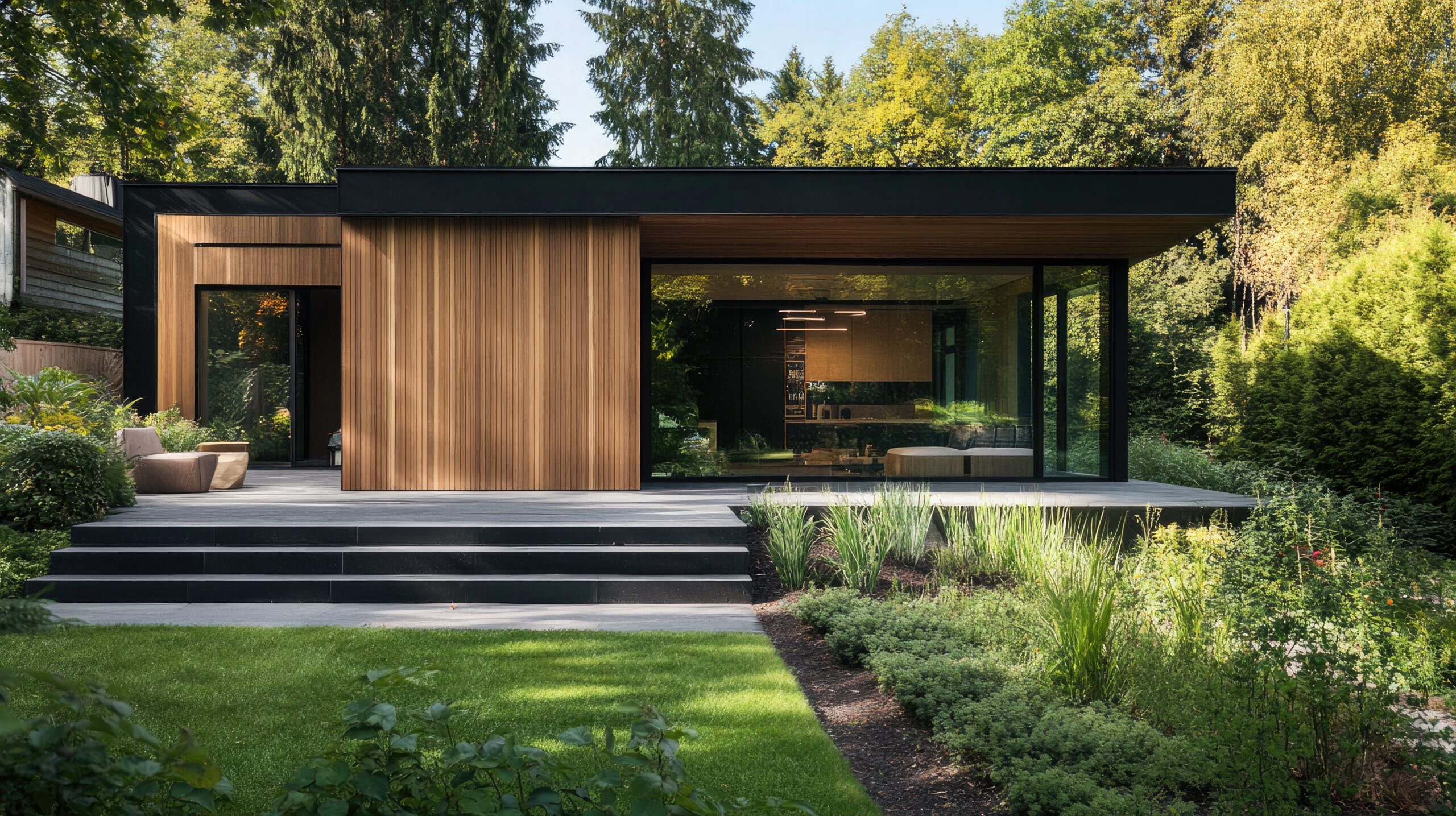 Luxurious minimalist cubic home with a combination of wood cladding and black panel walls, set in a landscaped garden with clean lines and green spaces